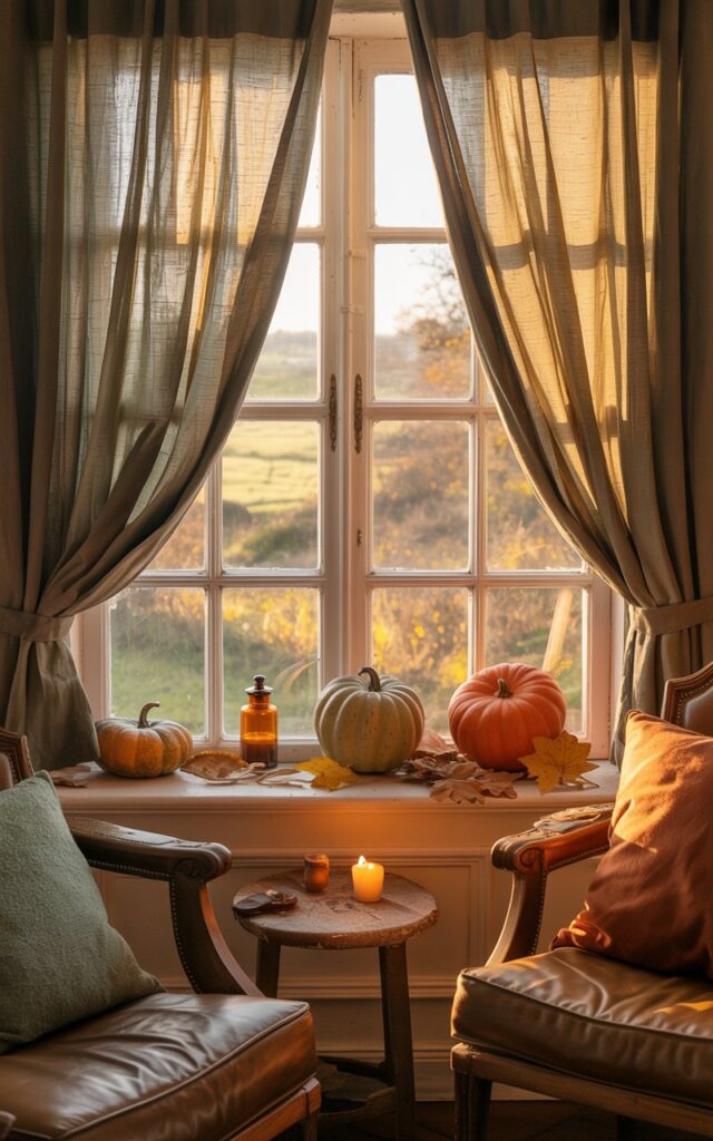 A cozy countryside living room with a bay window lined with mini pumpkins in various autumn shades, amber glass bottles, and dried leaves.
