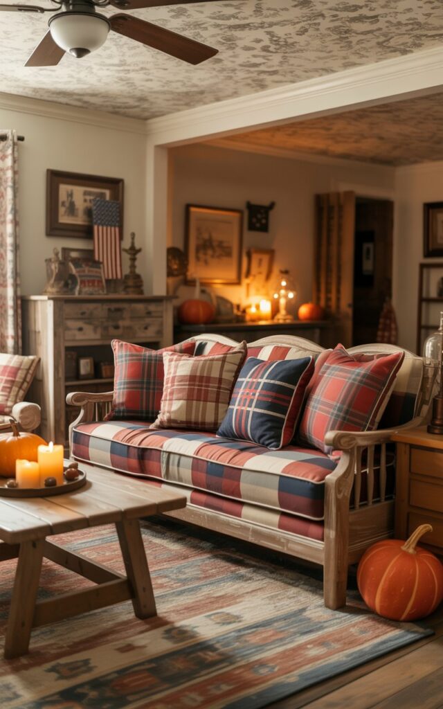 A warm living room with plaid and velvet pillows in rich fall colors on a sofa, complemented by rustic wooden furniture and soft lighting.