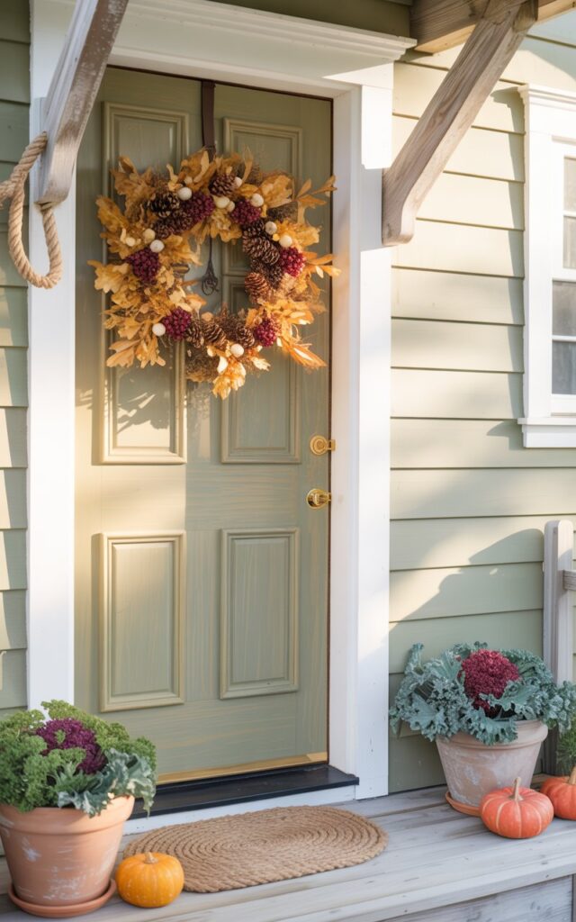 A coastal-style home entrance featuring a sage green door decorated with a rustic wreath made of dried oak leaves, pinecones, and burgundy berries.