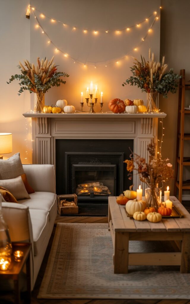 A cozy living room with a fireplace mantel decorated with warm fairy lights, candles, pumpkins, and dried wheat bundles.