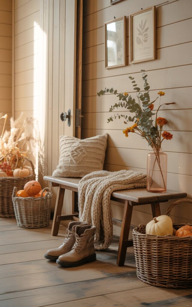 A cottagecore-style entryway with a rustic wooden bench draped with a chunky knit throw, surrounded by autumnal accents and natural textures.