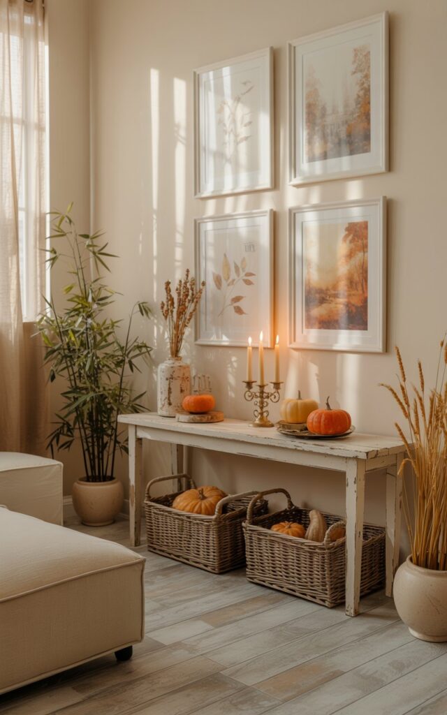 A Zen-inspired living room with a white console table decorated with pumpkins, candles, and framed botanical prints in warm fall tones.