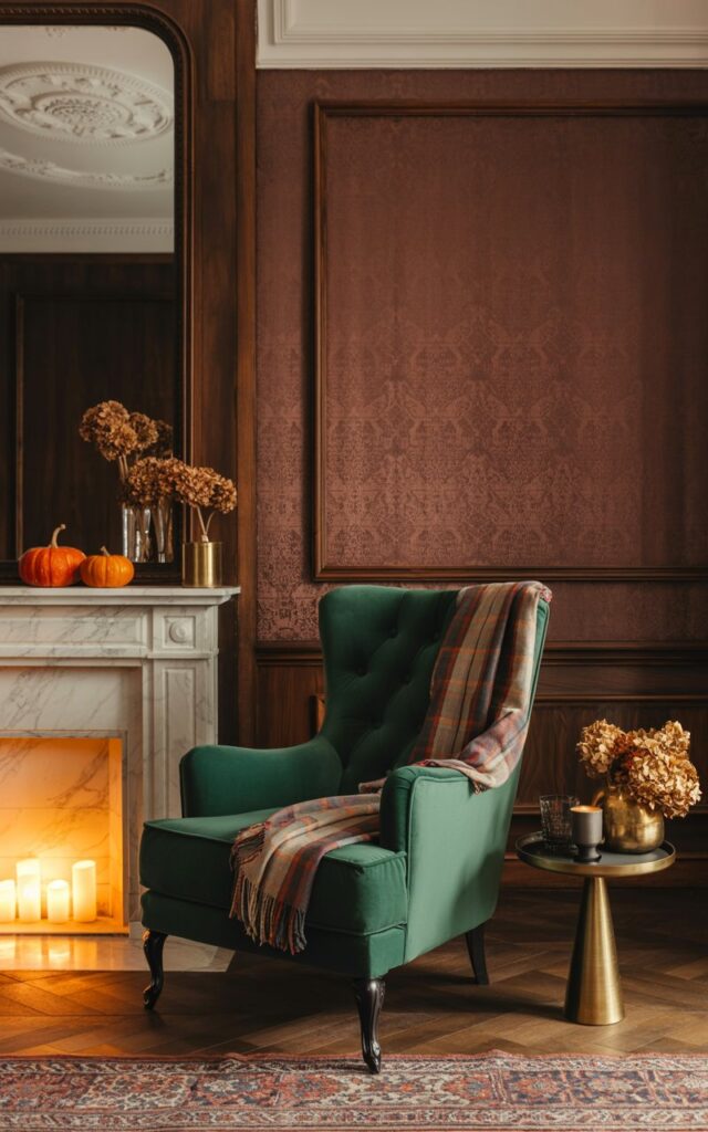 A Victorian-style living room with an emerald velvet chair accented by a plaid wool scarf in autumn tones draped over the back.