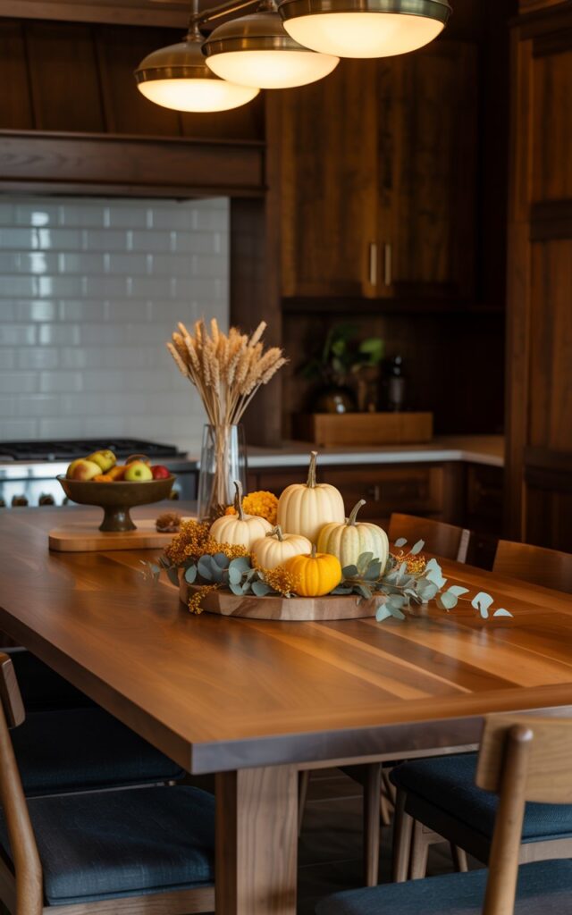 A Craftsman-style kitchen island featuring a fall centerpiece of cream and orange gourds, eucalyptus branches, and mini pumpkins.