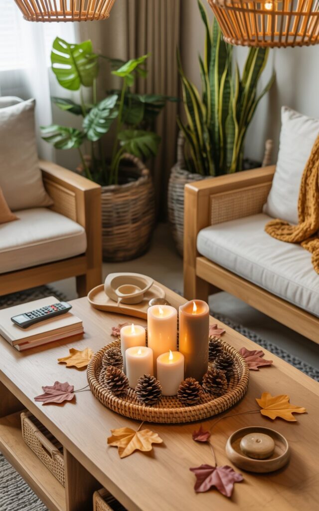 A modern living room coffee table with a tray holding pillar candles of varying heights, pinecones, and faux autumn leaves.