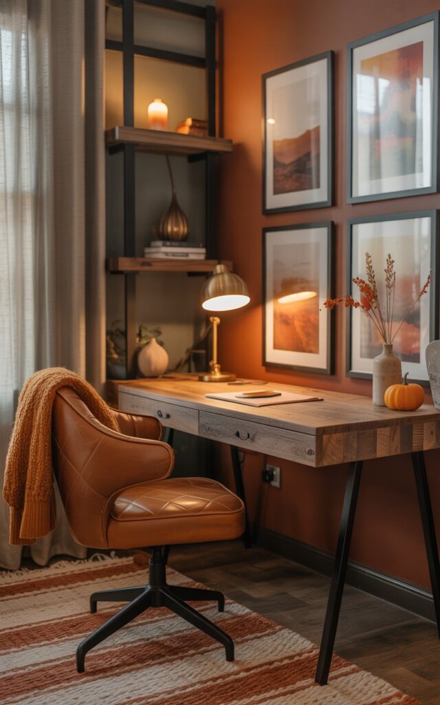 A rustic study with warm-toned abstract landscape prints on the wall, complemented by autumnal textiles and décor.