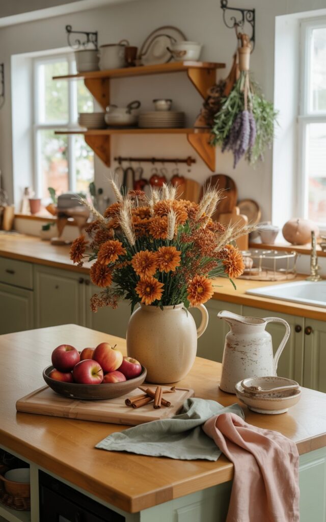 A cottagecore kitchen island with a floral arrangement featuring chrysanthemums, wheat stalks, and cinnamon sticks in a ceramic vase.