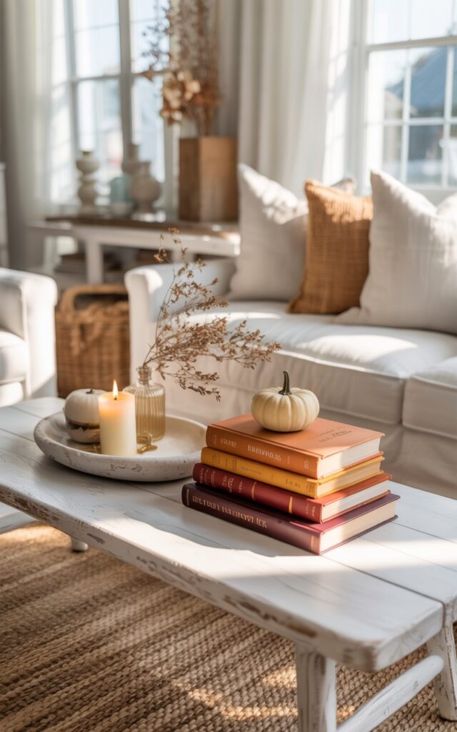 A coastal chic living room with a coffee table stacked with vintage books in warm autumn hues, accented by pumpkins and candles.