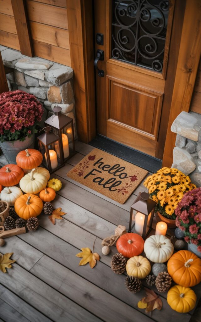 An alpine-style porch featuring a seasonal doormat with rustic lettering, surrounded by pumpkins, lanterns, and autumn plants.