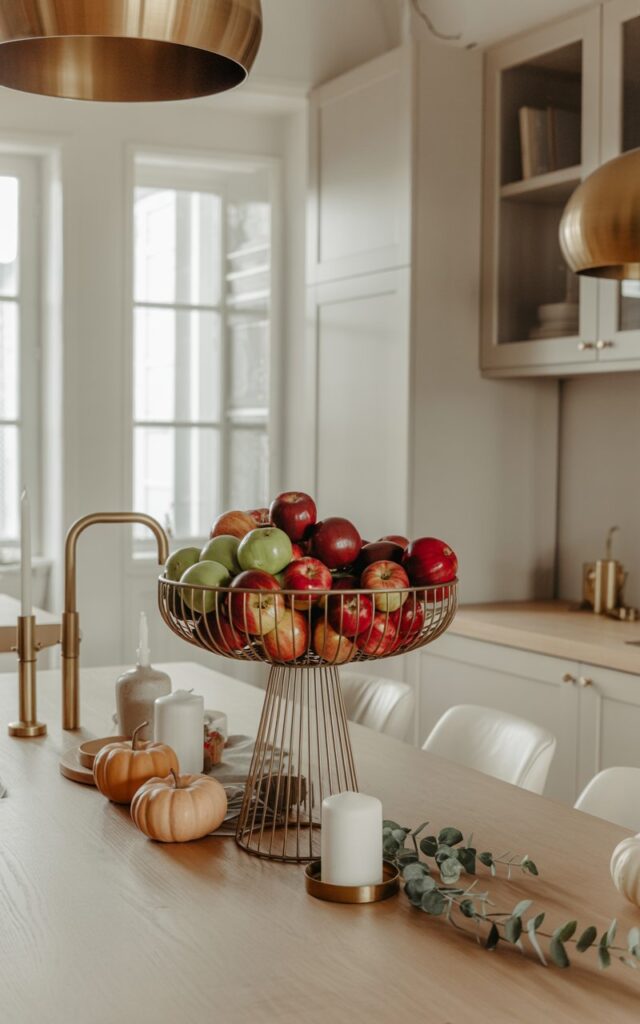 A Scandinavian dining area with a kitchen island topped by a wire basket overflowing with red and green apples, pumpkins, and candles.
