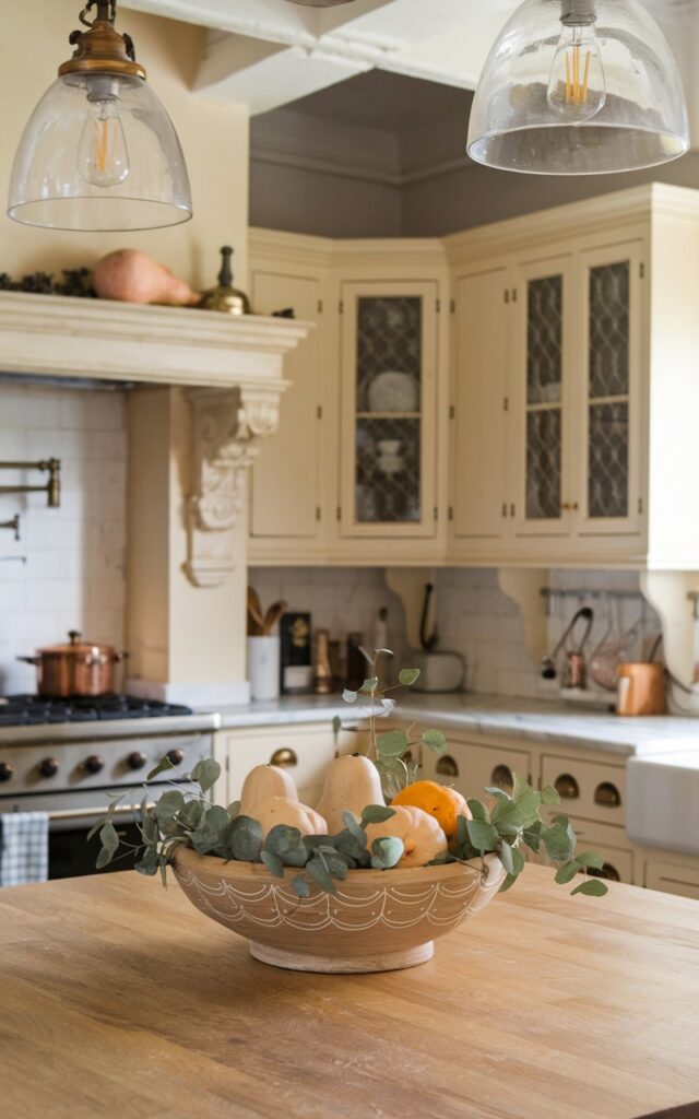 French country kitchen island featuring a wooden dough bowl filled with mini gourds and eucalyptus sprigs.