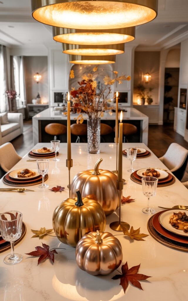 Luxurious kitchen island with metallic pumpkins and gold candlesticks under warm brass pendant lights.