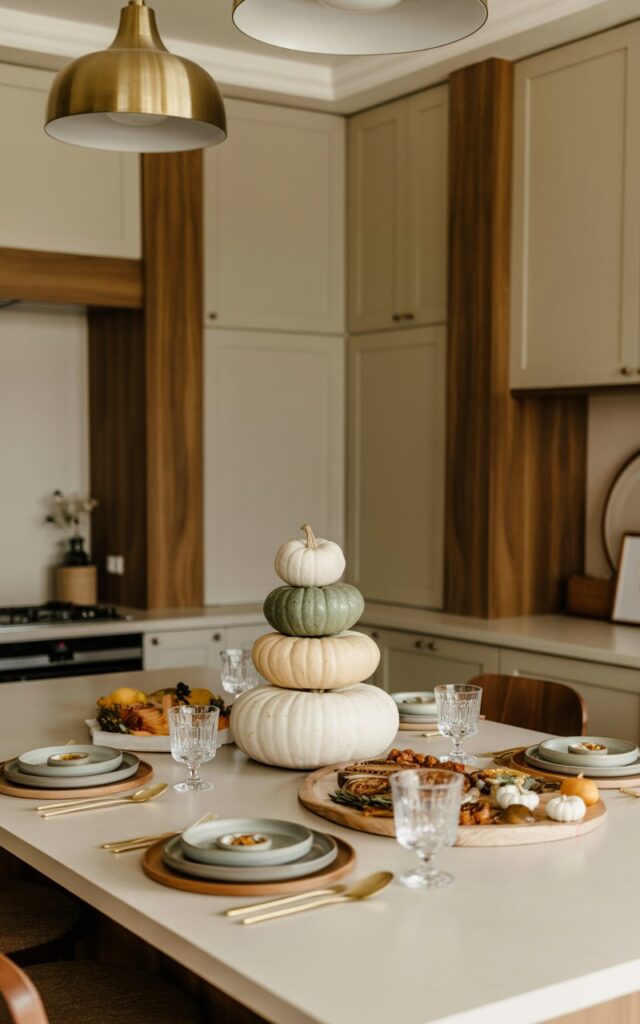Modern farmhouse kitchen island with stacked white and sage pumpkins surrounded by elegant tableware.