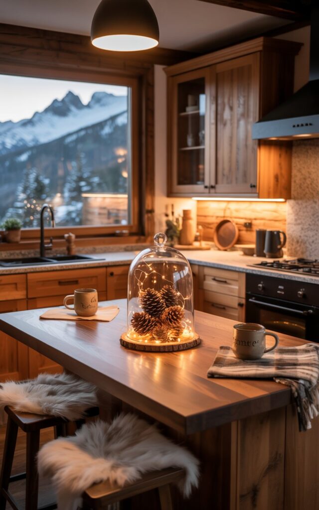 Glass cloche filled with pinecones and fairy lights on a walnut kitchen island.