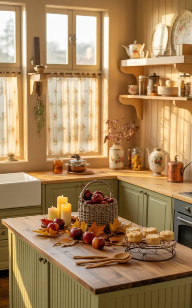 Cottagecore kitchen island with a wicker basket filled with apples, leaves, and candles.
