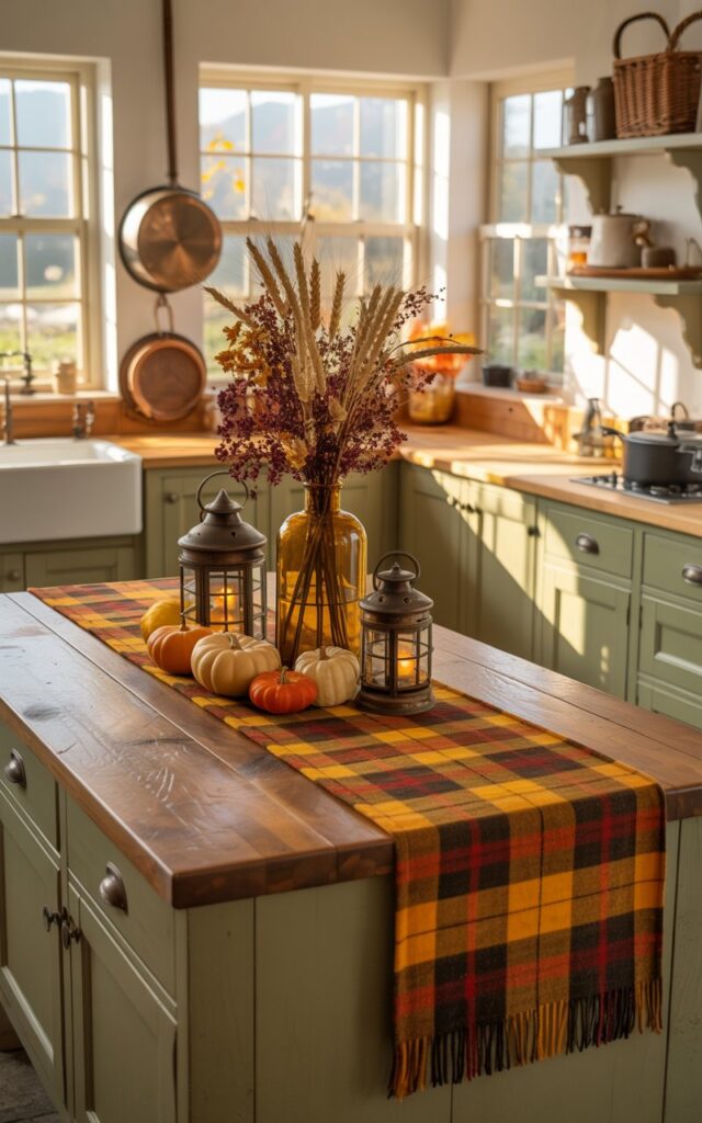 English countryside kitchen island draped with a plaid runner and decorated with mini lanterns and pumpkins.