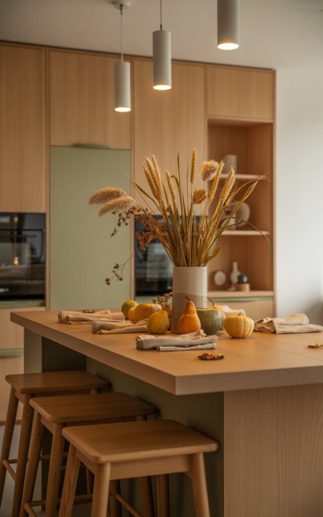 Japandi-style kitchen island with a tall vase filled with wheat stalks and pampas grass.