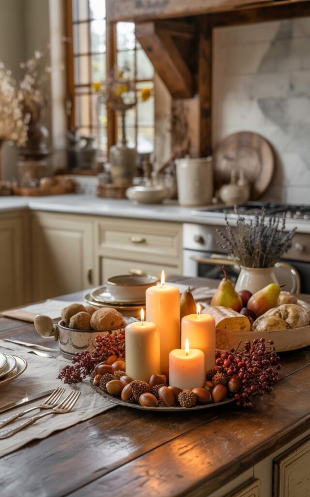 French country kitchen island with pillar candles surrounded by acorns and faux berries.