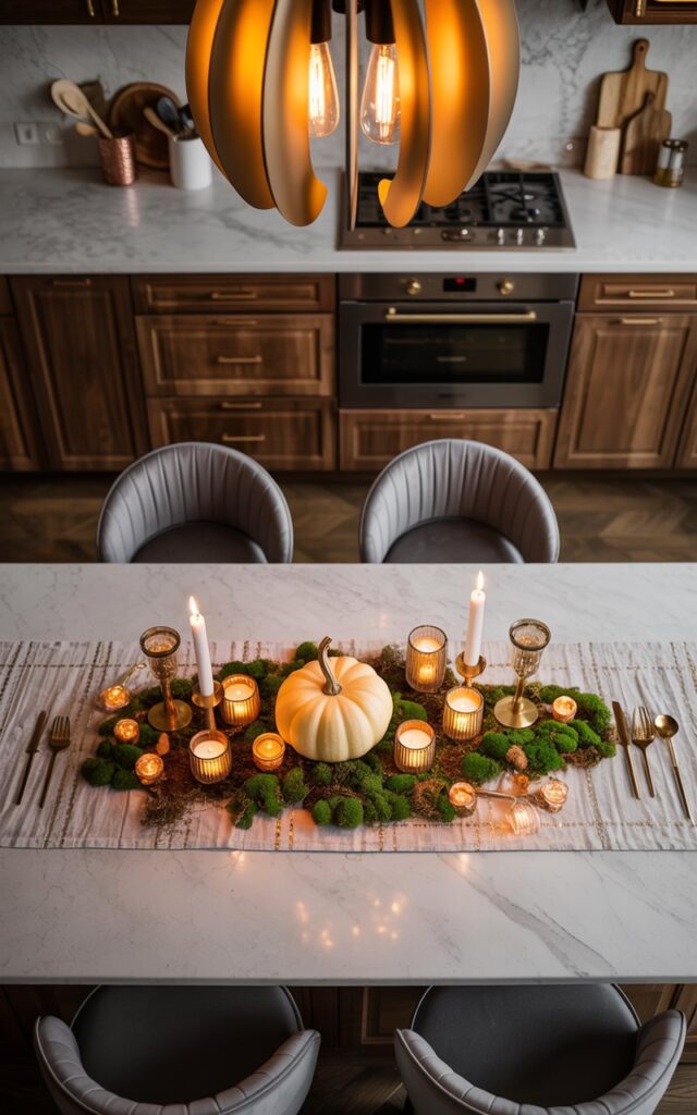 Glam-rustic kitchen island with a ceramic pumpkin surrounded by votive candles and moss.