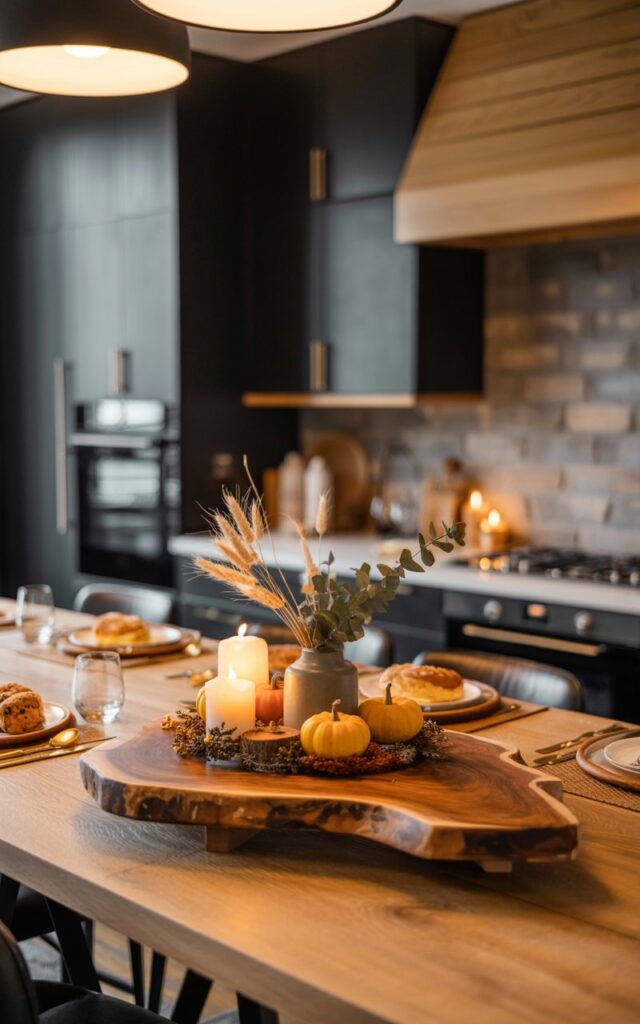 Rustic wooden board on a kitchen island topped with pumpkins, candles, and dried florals.