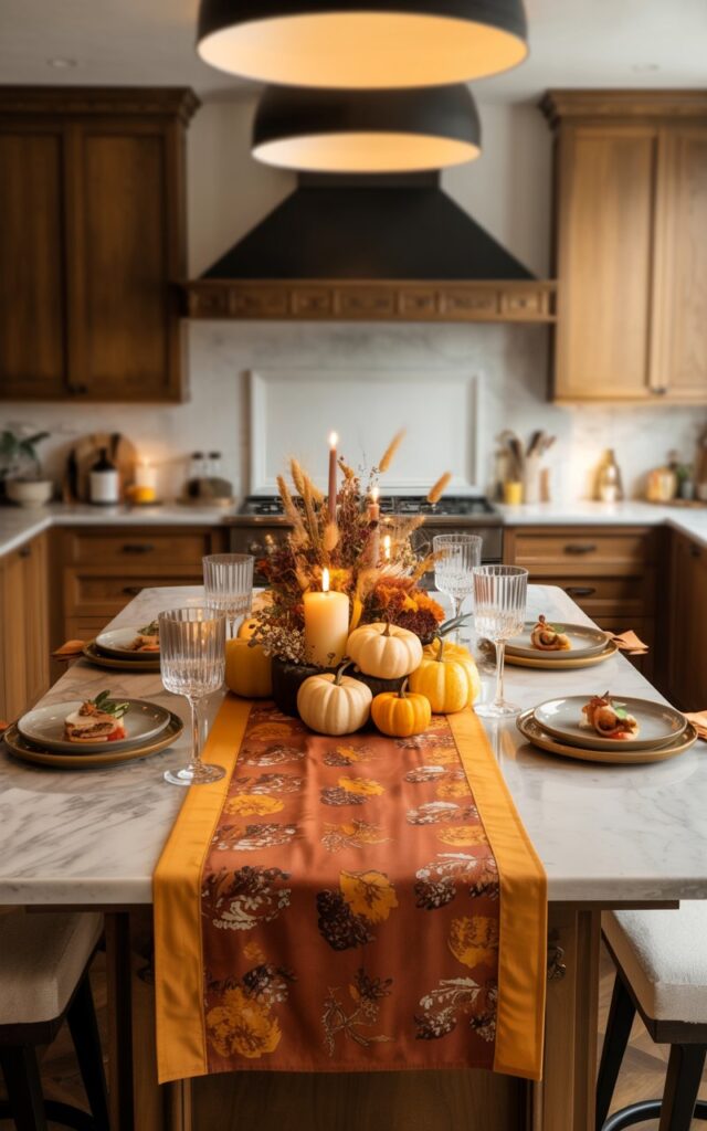 European-style kitchen island with a burnt orange and mustard linen runner topped with fall decor.