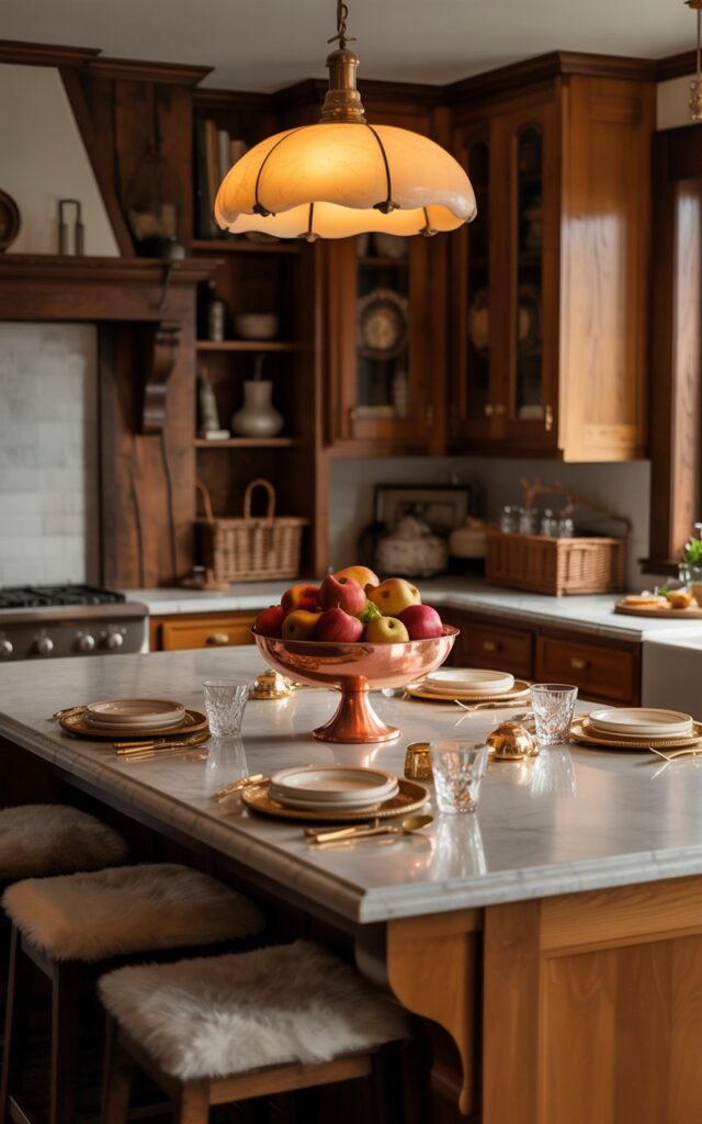 Copper bowl filled with apples and pears on a marble kitchen island.