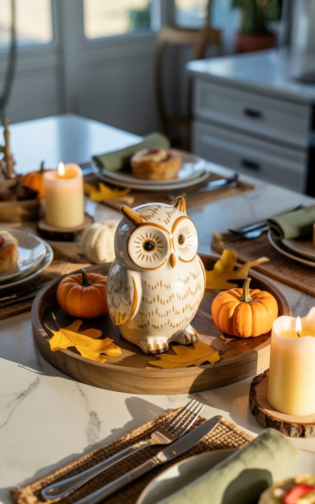 Kitchen island vignette featuring a ceramic owl surrounded by pumpkins and candles.