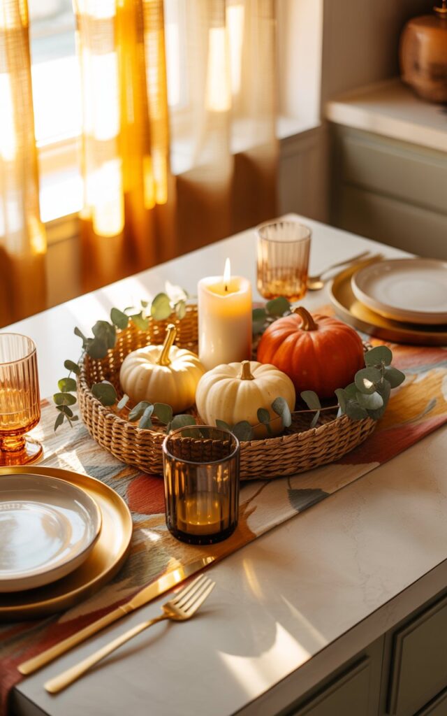 Boho-glam kitchen island centerpiece with rattan tray, natural pumpkins, candles, and eucalyptus.