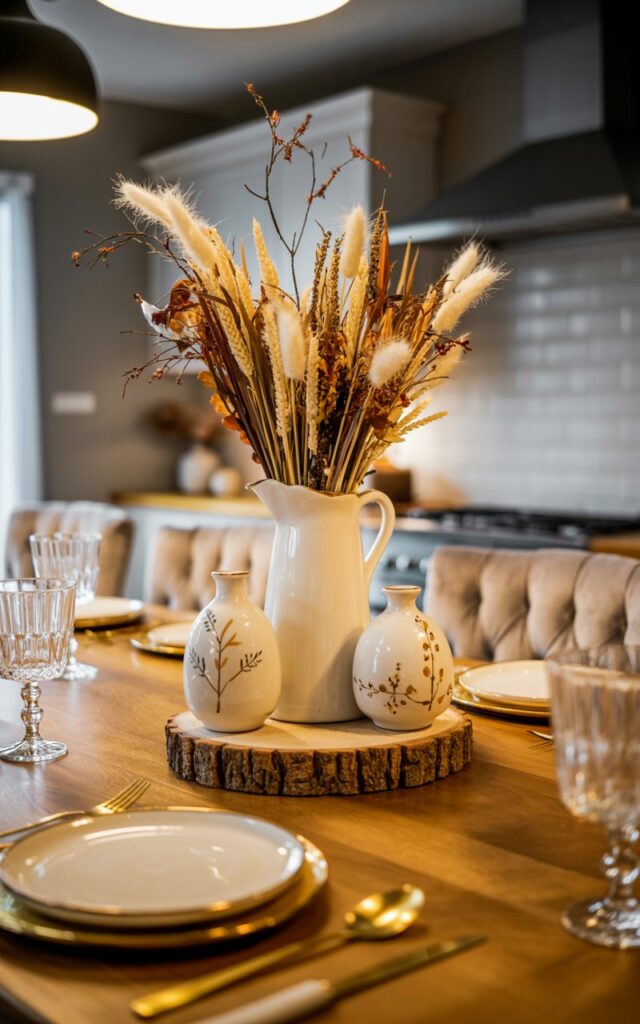 Rustic wooden riser topped with cream ceramic vases and dried florals on a kitchen island.