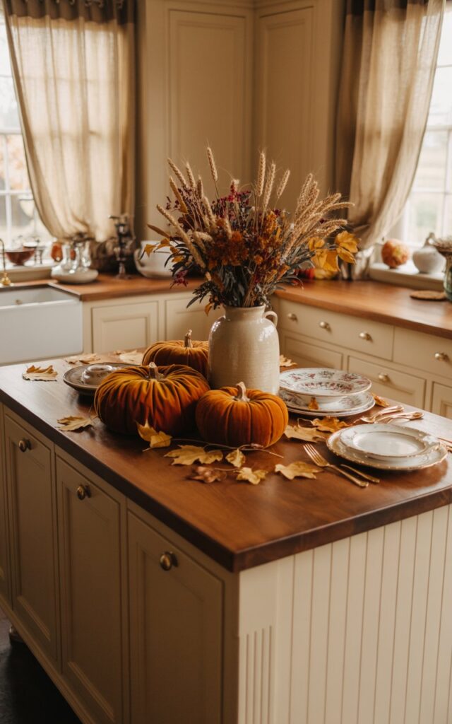 English countryside kitchen island with velvet pumpkins and dried florals.