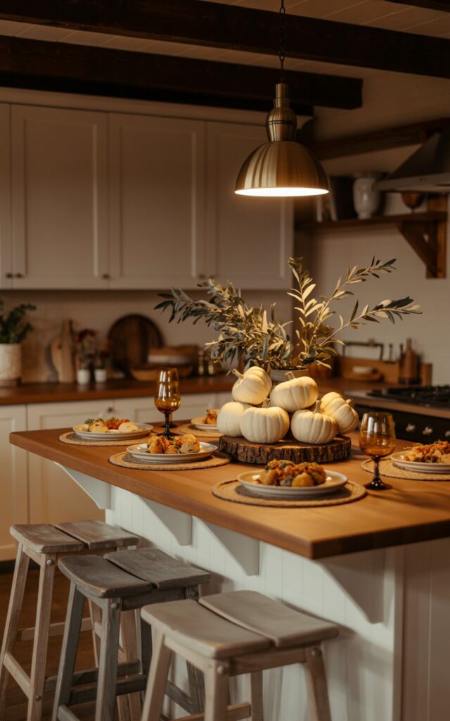 Farmhouse kitchen island with white pumpkins and eucalyptus sprigs.