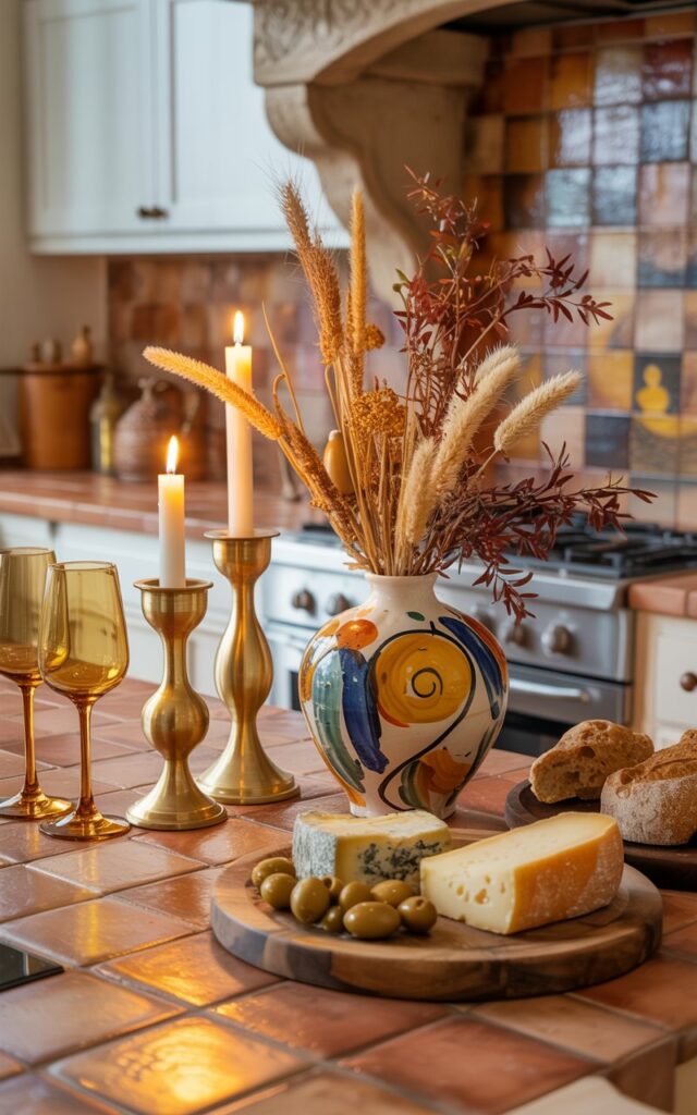 Mediterranean kitchen island with brass candlesticks and dried floral arrangements.