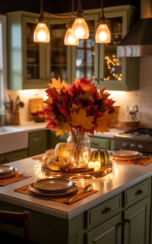 Vintage kitchen island with mason jars filled with colorful maple leaves and string lights.