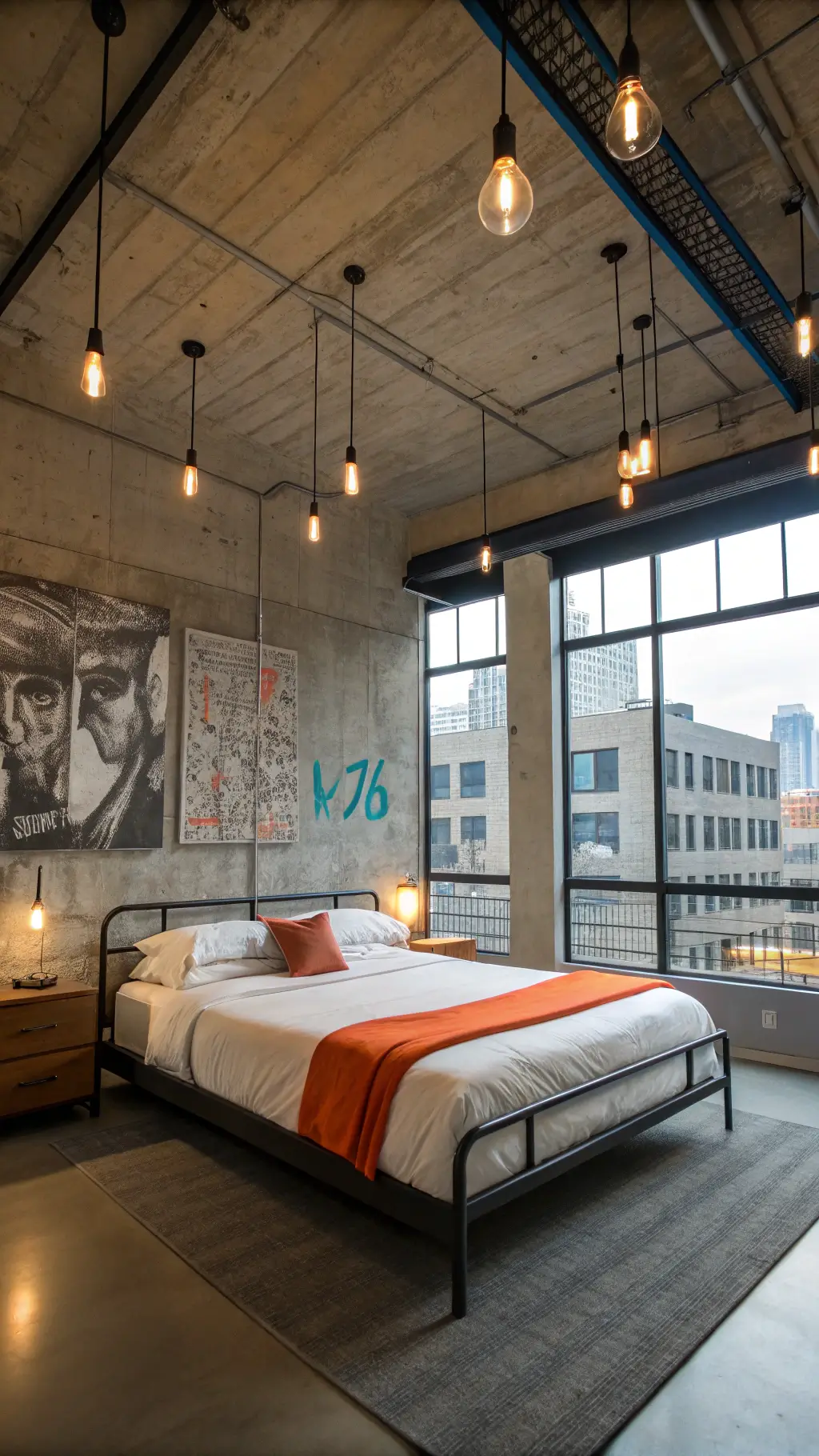 Low-angle view of industrial-style bedroom with 12ft concrete ceiling, street art feature wall, floating black metal bed with white bedding and neon orange throws, set in morning light through grid windows.