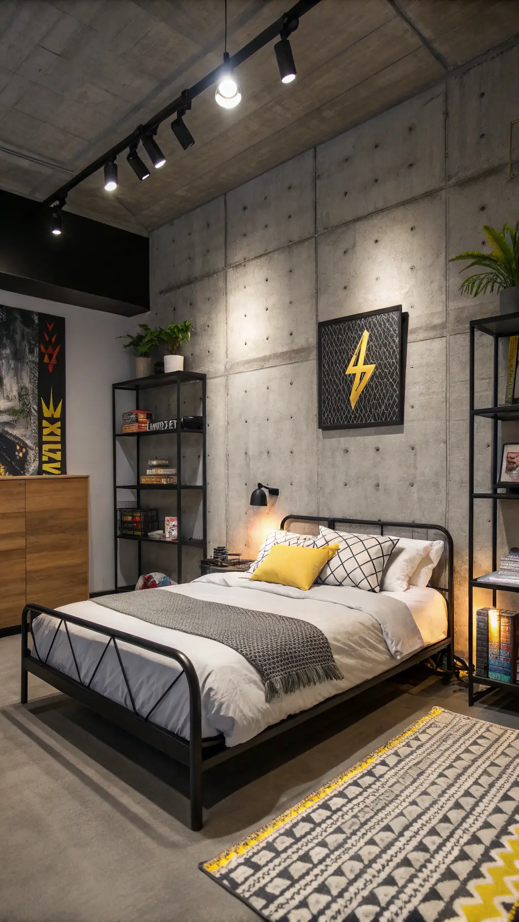 Urban minimalist bedroom with concrete wall, black metal bed, geometric throws, ambient track lighting, skateboard shelves, and custom gradient storage unit.