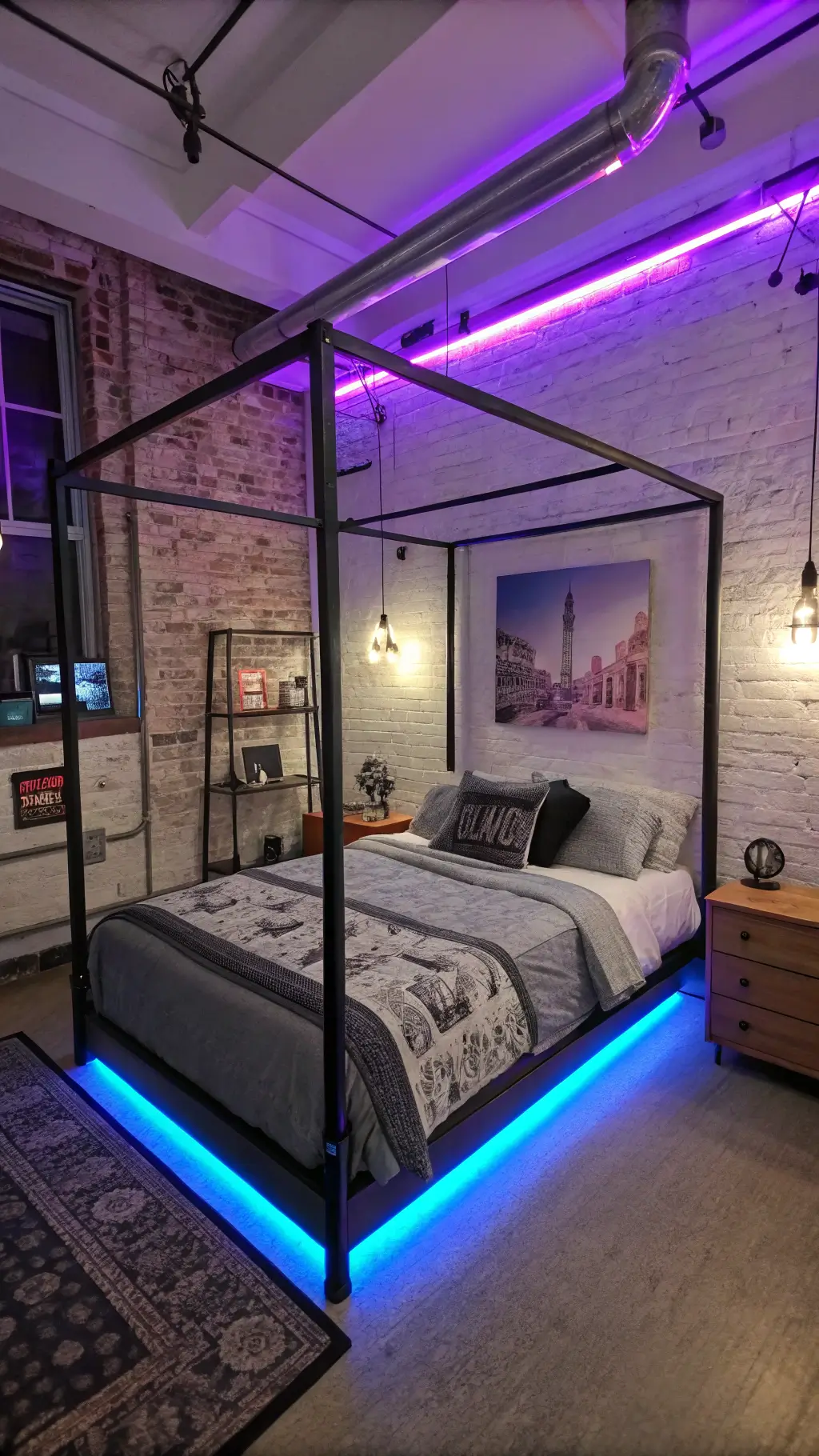 High-angle view of an urban-style bedroom with purple-blue LED lighting, exposed brick wallpaper, industrial pipe bed, graphic pillows, vintage metal cabinet, and neon magenta art during blue hour.