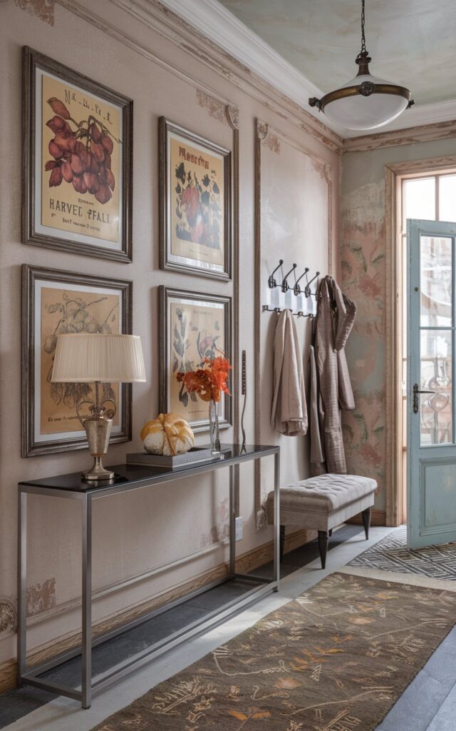 A photo of an entryway with a vintage style. There are two to three frames with autumn-themed vintage prints above a sleek console table. The prints feature old botanical sketches, harvest scenes, or retro fall posters. The console table has a lamp and a decorative item. The wall has distressed wood accents. The floor has a patterned rug. There is a bench and hooks near the door. The ceiling has a pendant light. The overall interior has a shabby chic and European style with soft pastel tones. The natural light is soft and ambient.