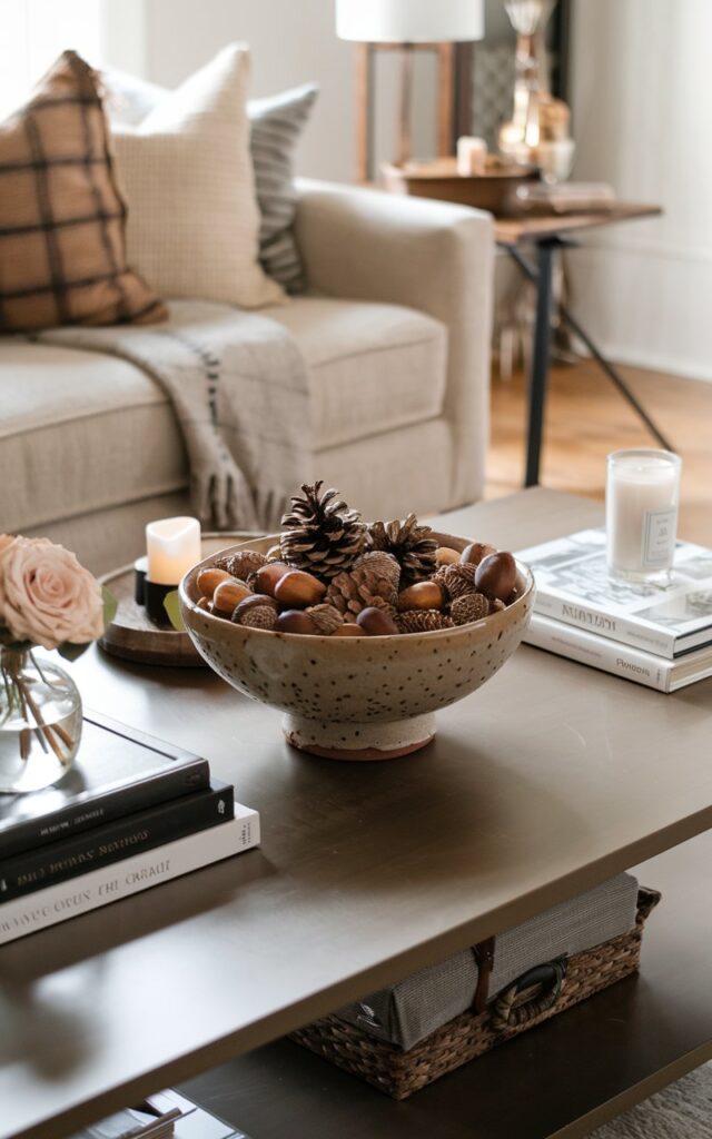 A photo of a modern farmhouse style living room with clean lines, warm wood tones, and muted autumn colors. There is a ceramic decorative bowl placed on a sleek coffee table, filled with a mix of acorns and pinecones. Surrounding the bowl are books, a remote, a candle, and a small flower vase. The room has a cozy, refined, and vintage fall atmosphere.