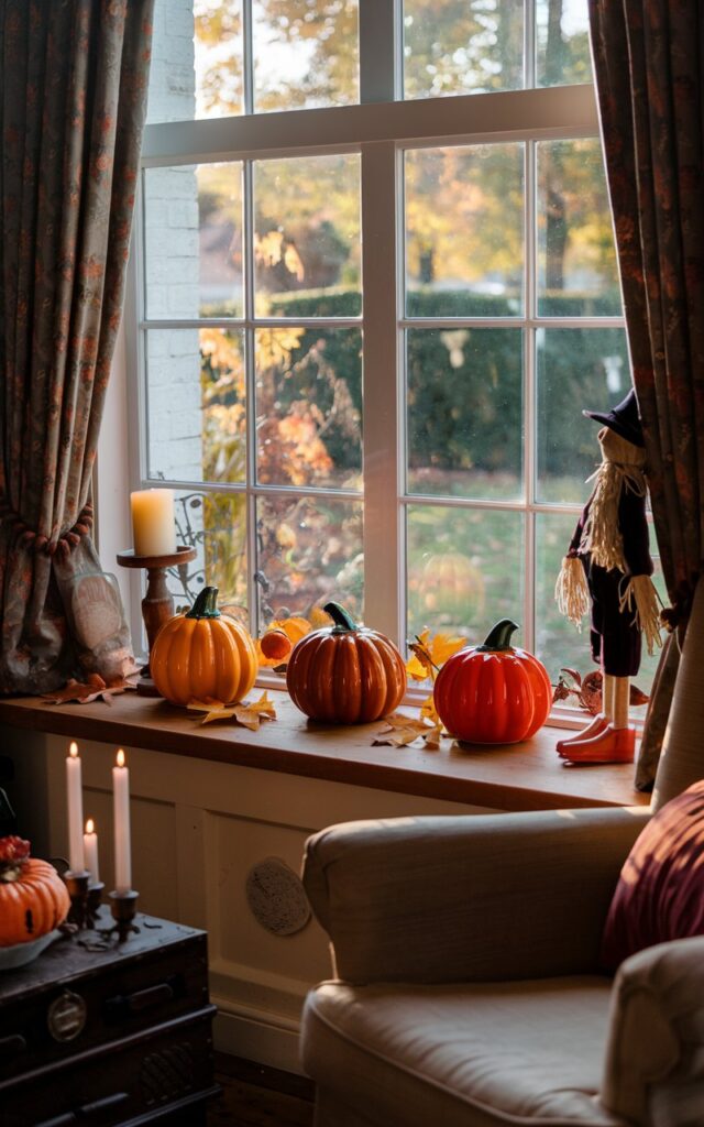A photo of a living room window sill with three ceramic pumpkin gourds in different shapes and warm autumn colors. There's also a candle, a scarecrow doll, and a few leaves on the window sill. The window overlooks a charming English countryside garden with fall foliage and soft golden light filtering through. The living room has curtains, wooden accents, and a comfortable armchair nearby. The scene feels warm, nostalgic, and homely.