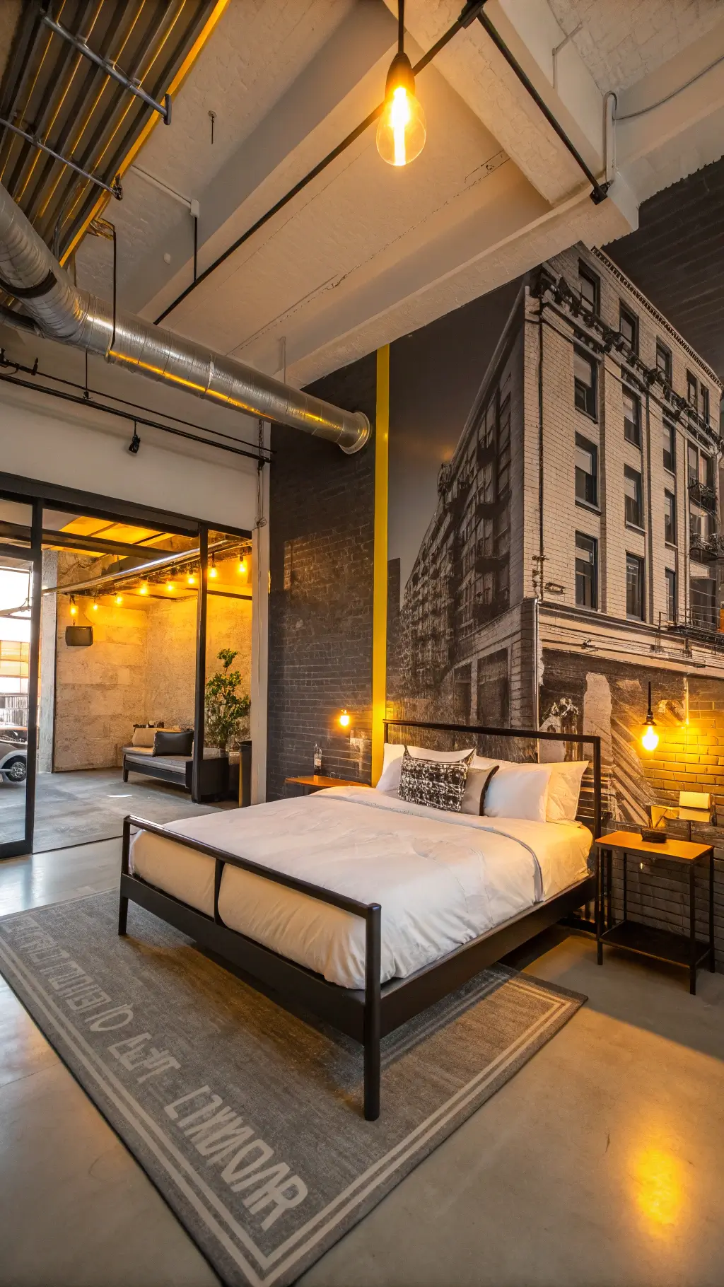 Open-concept industrial bedroom with street art mural, black metal bed, and warm sunset lighting.