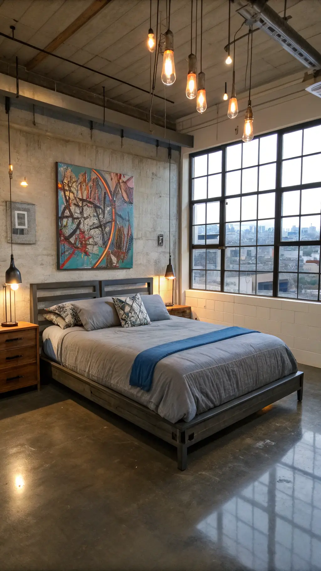 Urban industrial bedroom with metal bed, gray bedding, blue pillows, graffiti art, and factory windows in cool morning light.
