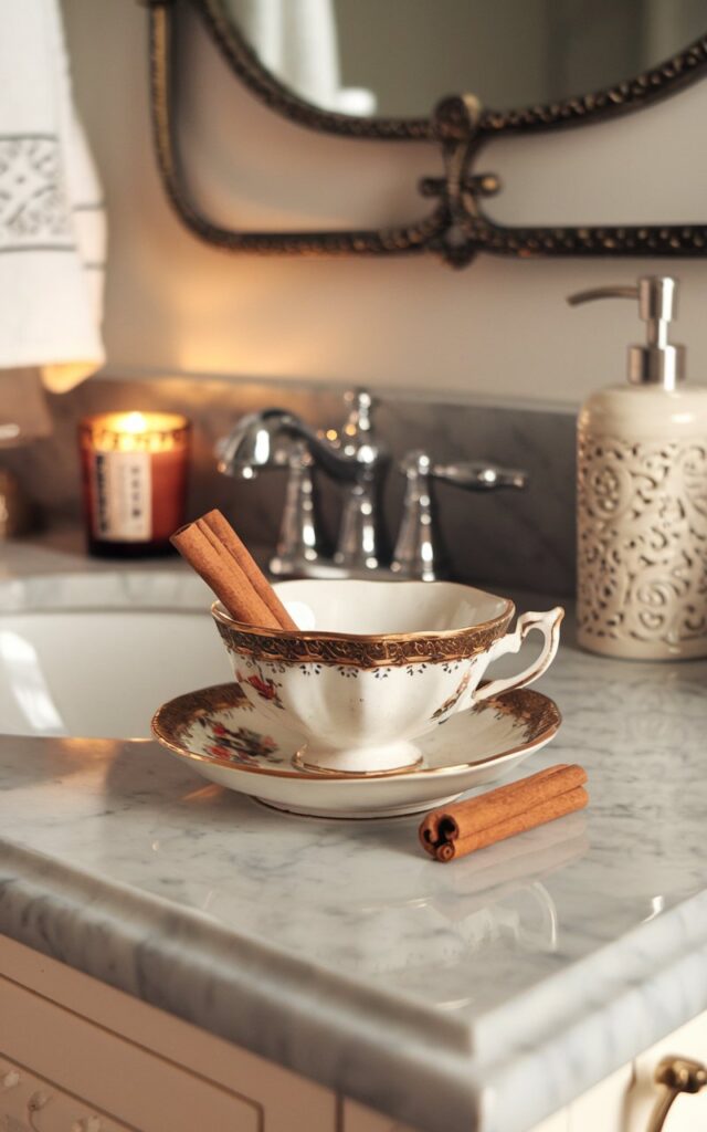 A photo of a vintage teacup placed on a bathroom counter. Inside the teacup, a few cinnamon sticks are placed. The counter is made of marble and has a sink and a decorative mirror in the background. There are also a soap dispenser, a toothbrush holder, and a small candle on the counter. The lighting is soft and warm, highlighting the textures of the cinnamon sticks and the teacup. The scene has a cozy, autumn-inspired touch, blending vintage charm with a sophisticated bathroom aesthetic.
