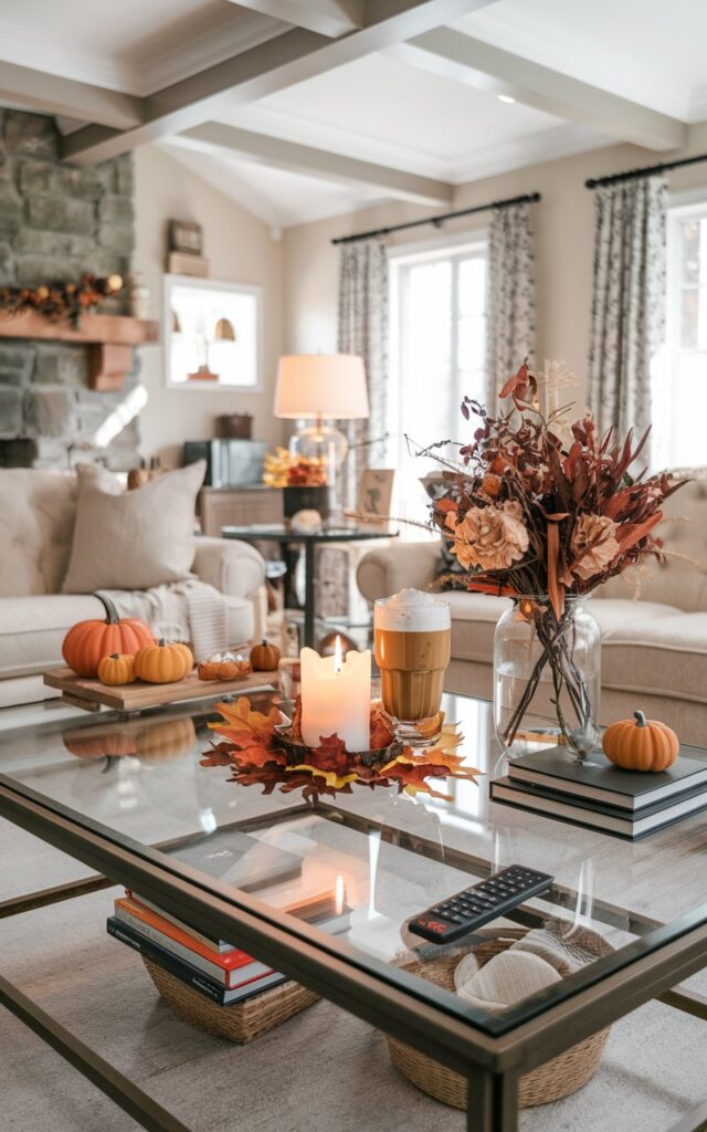 A top-angle photo of a glass-top coffee table in a living room with an English countryside style. The table is set with a few faux autumn leaves around a lit candle, a glass of pumpkin latte, a remote, a flower vase with dried flowers, 2-3 small pumpkin figurines, and stacked books. The room has a false ceiling, a stone fireplace, a sofa set, and soft natural light. The scene feels inviting, layered, and detailed, blending rustic textures with countryside for a perfect autumn atmosphere.
