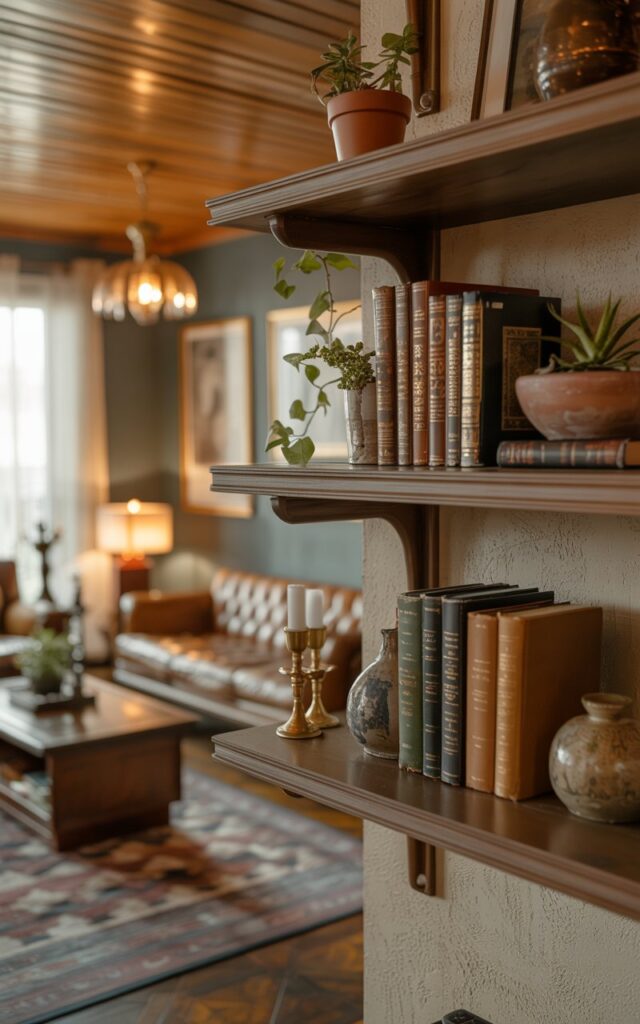 Floating wooden shelves showcasing books, plants, and decorative objects in a vintage living room setting.