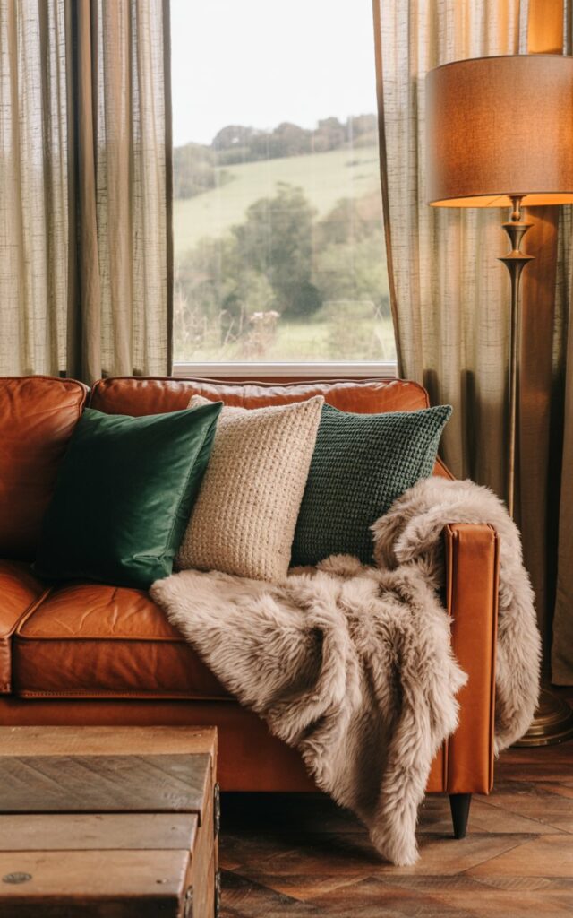 Leather sofa adorned with cushions in velvet, bouclé, and knit textures, complemented by a faux fur throw, creating a warm and inviting atmosphere.