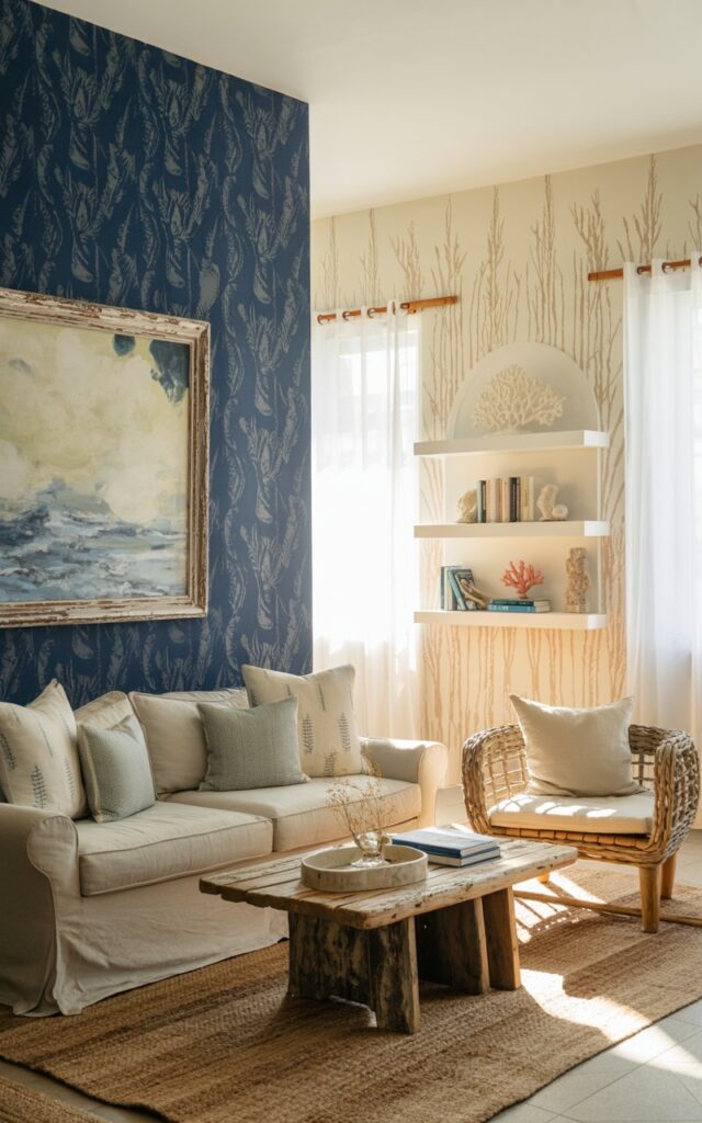 Coastal living room featuring a navy blue accent wall with botanical wallpaper and a large abstract seascape painting.