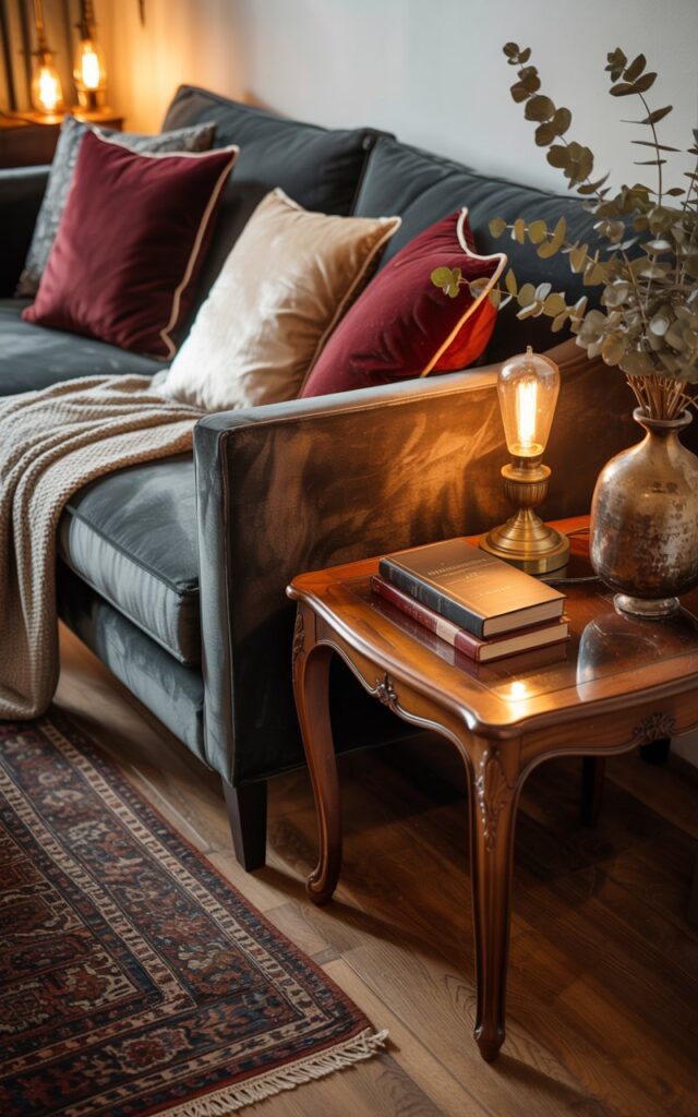 Vintage-style living room combining a modern sofa with antique side tables and warm lighting.