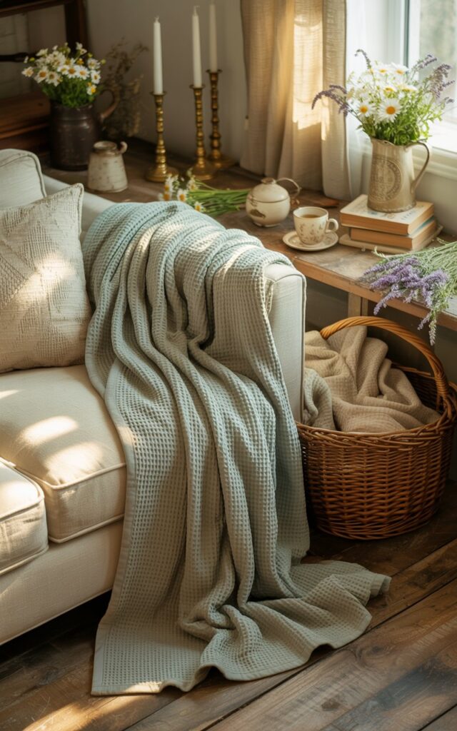 Cottagecore living room with a cream sofa draped with a sage green waffle-weave throw, surrounded by rustic accents.