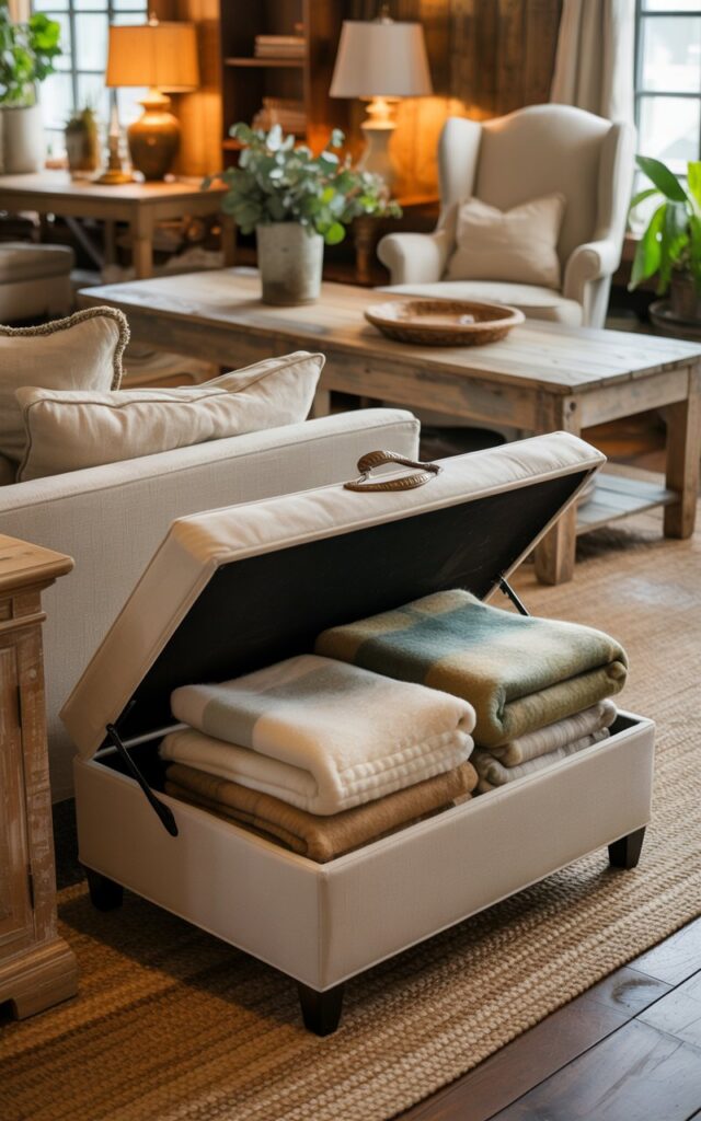 Farmhouse living room featuring a cream ottoman with storage and woven baskets for organization.