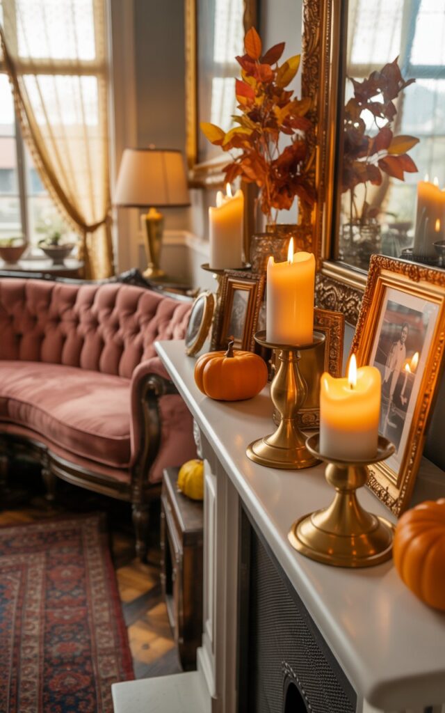 Vintage living room mantel decorated with brass candleholders and autumnal accents, casting a warm glow.